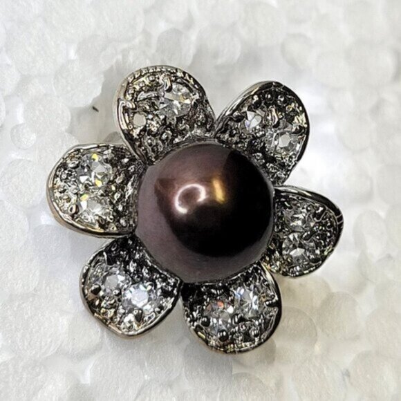 Genuine Brown Pearl and Swaroski Flower Ring Size 6 - Picture 6 of 12